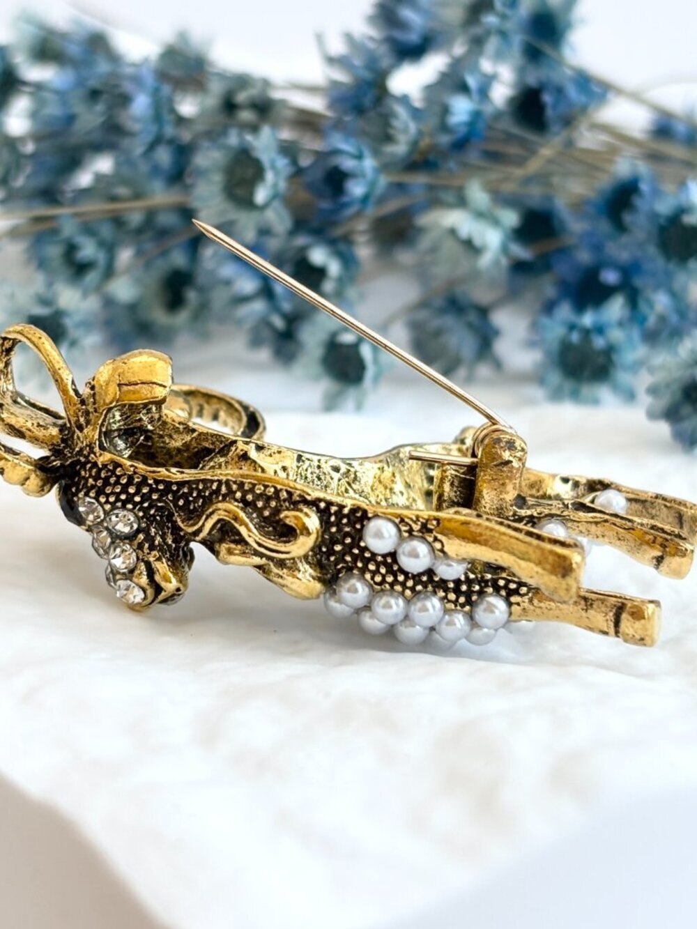 Goat Figural Gold Toned Pearl Accented Vintage Style Textured Brooch Pin - Picture 10 of 15